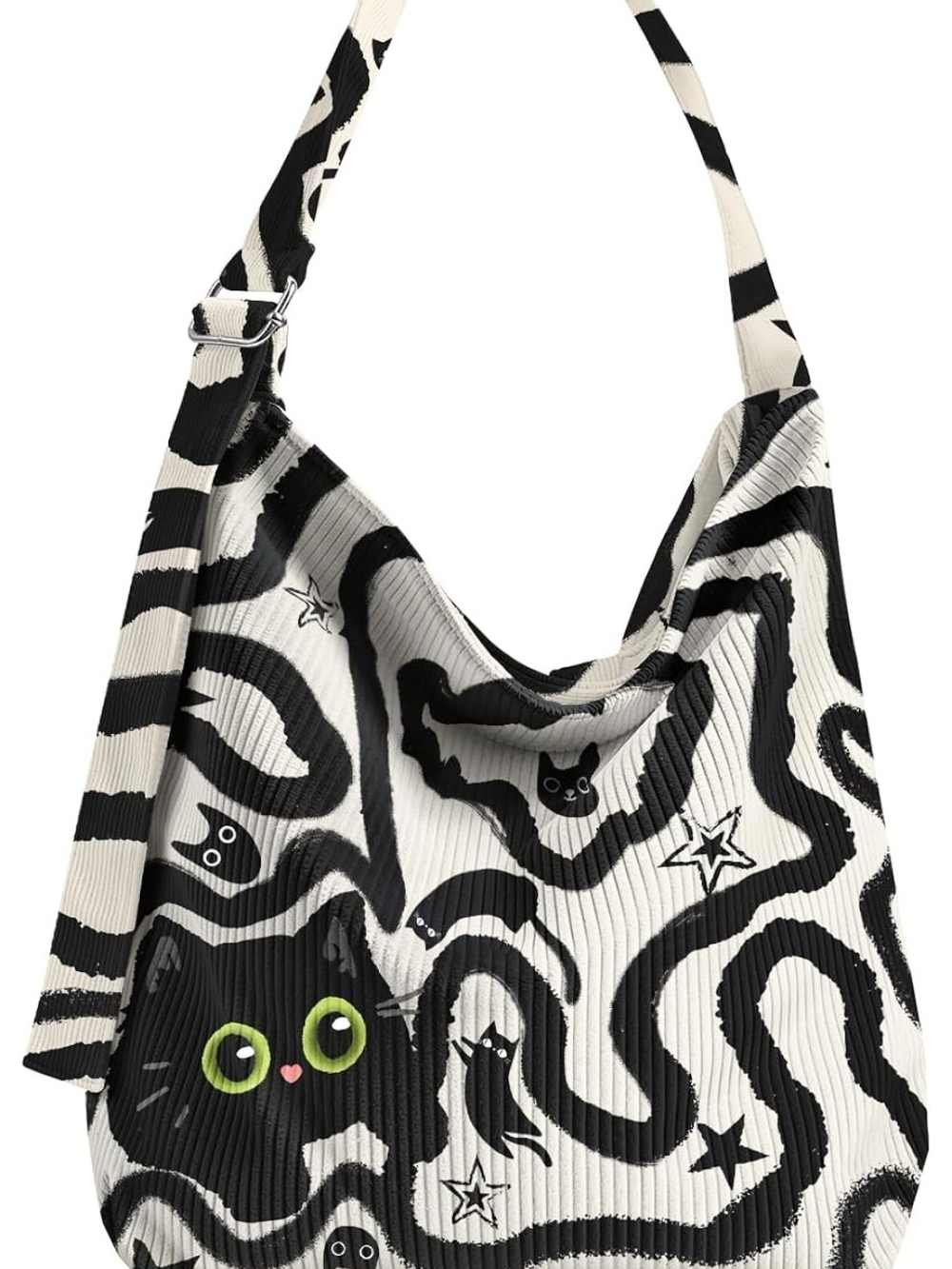 Black & White Cat Print Tote with Neon Green Eyes - Picture 2 of 4